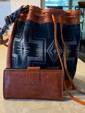 Leather Bucket Style Bag - Bison Leather and Pendleton Fabric, + Matching Wallet